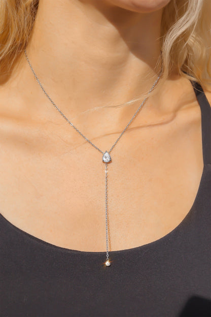 18K Gold PVD Stainless Steel Teardrop CZ Lariat Necklace