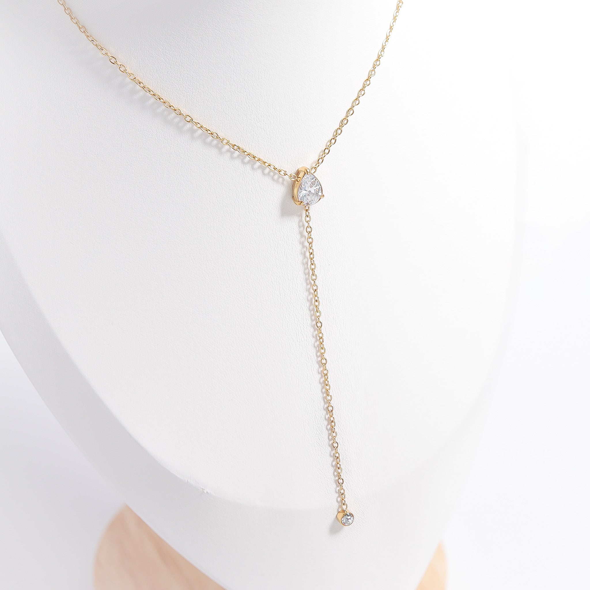 18K Gold PVD Stainless Steel Teardrop CZ Lariat Necklace