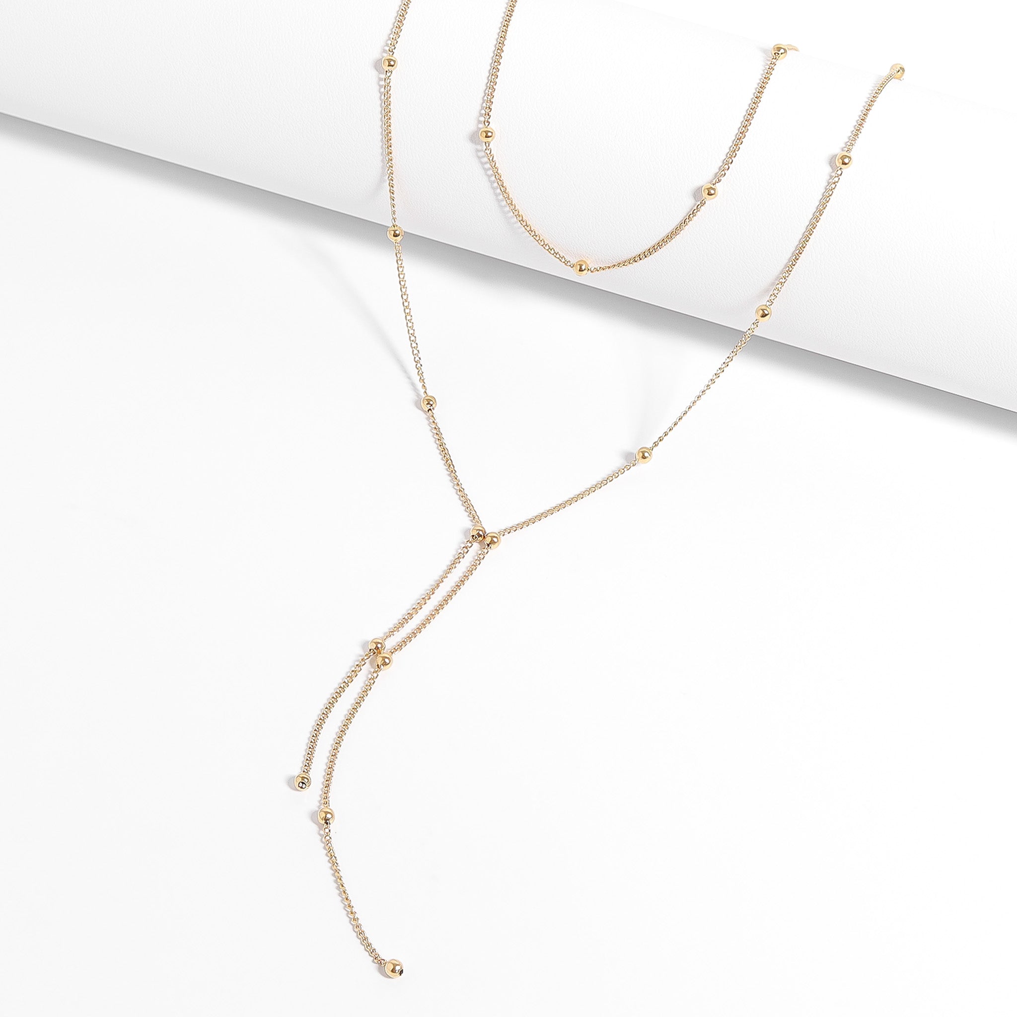 18K Gold PVD Stainless Steel Lariat Necklace Double Ball Bead