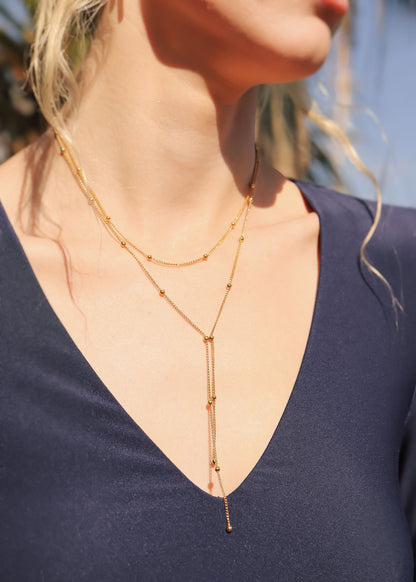 18K Gold PVD Stainless Steel Lariat Necklace Double Ball Bead