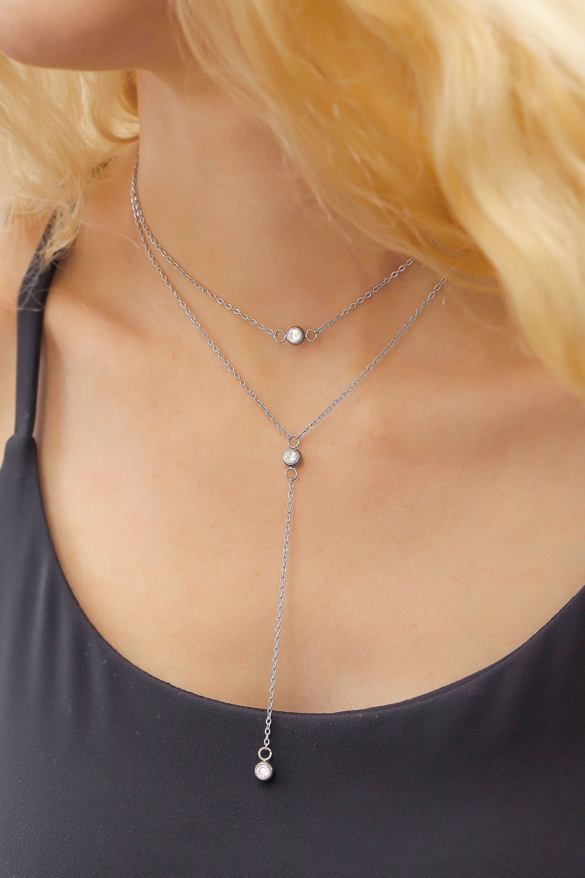 18K Gold PVD Stainless Steel Lariat Necklace CZ Stone Necklace