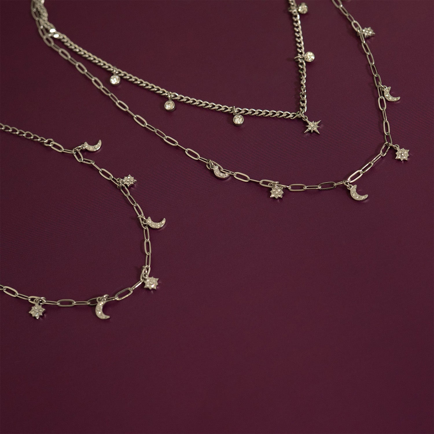 Stainless Steel Moon & Compass Star Charm Necklace