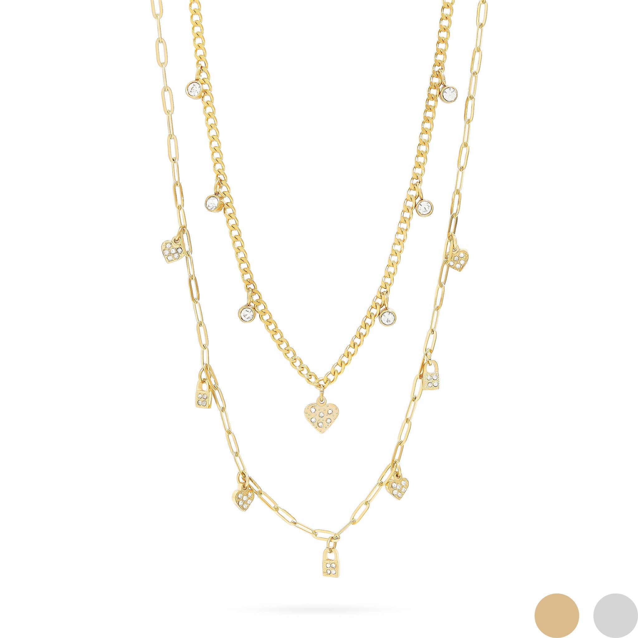 Stainless Steel 2 Row Heart & Lock Charm Necklace