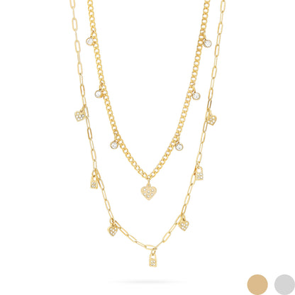 Stainless Steel 2 Row Heart & Lock Charm Necklace