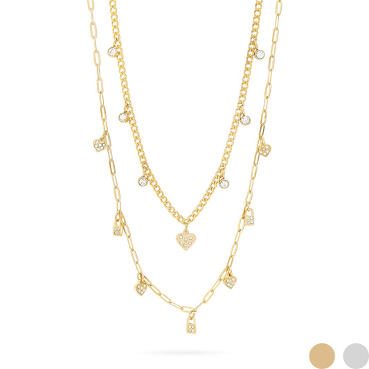 Stainless Steel 2 Row Heart & Lock Charm Necklace