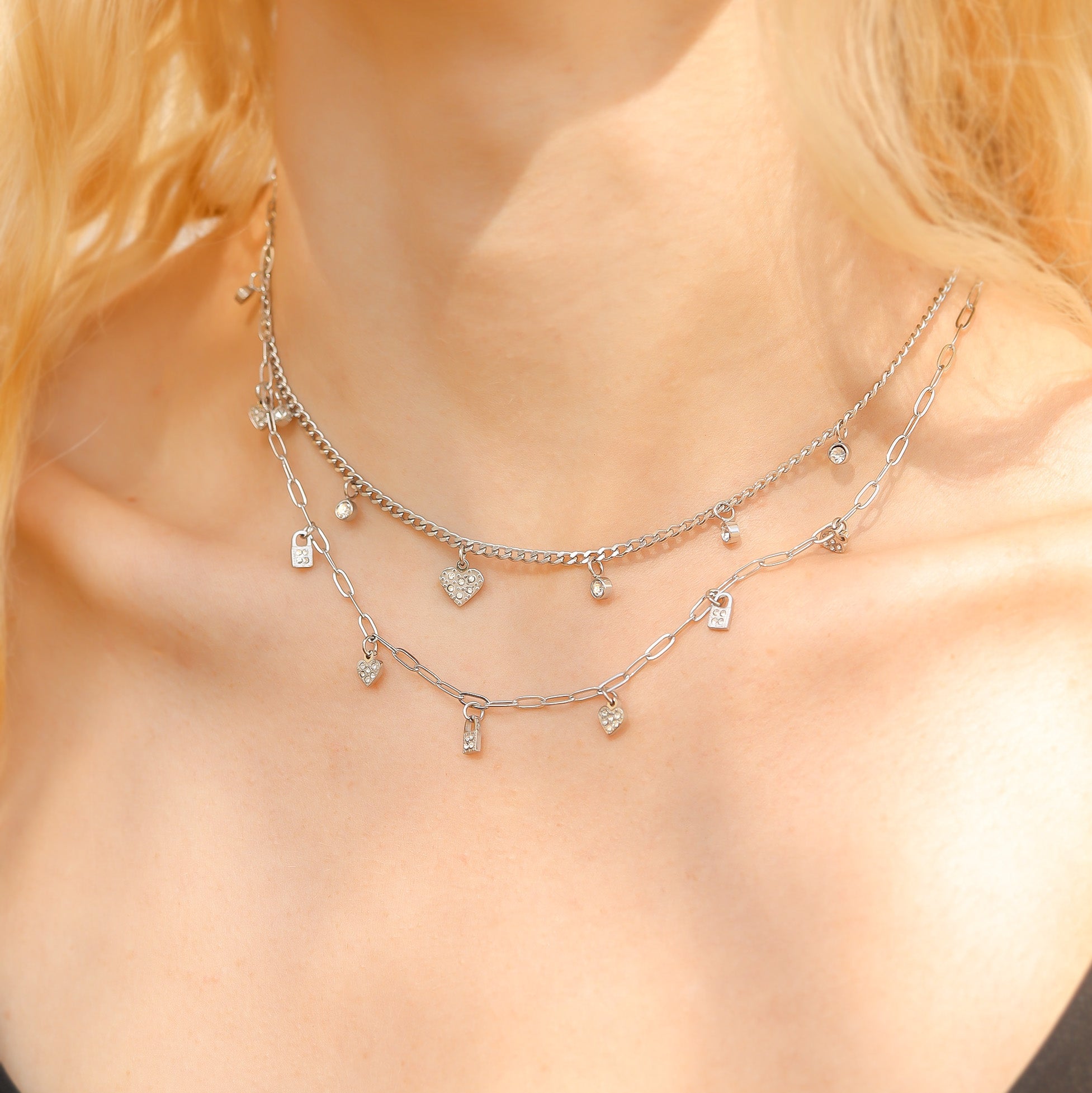Stainless Steel 2 Row Heart & Lock Charm Necklace
