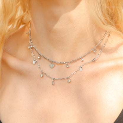 Stainless Steel 2 Row Heart & Lock Charm Necklace