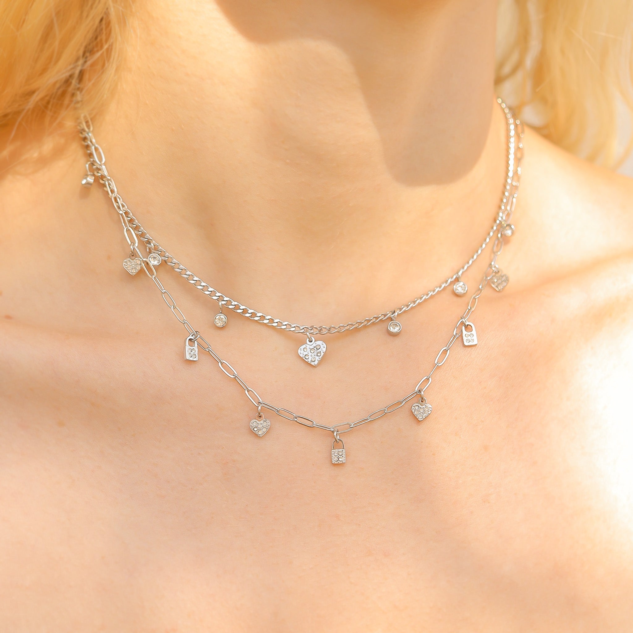 Stainless Steel 2 Row Heart & Lock Charm Necklace