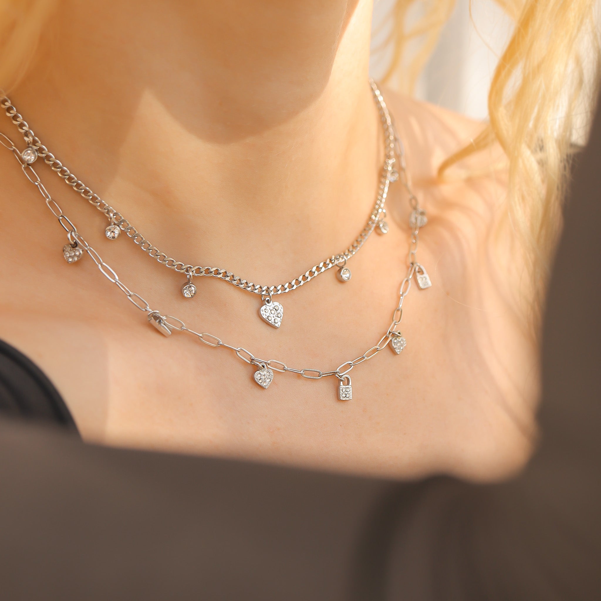 Stainless Steel 2 Row Heart & Lock Charm Necklace
