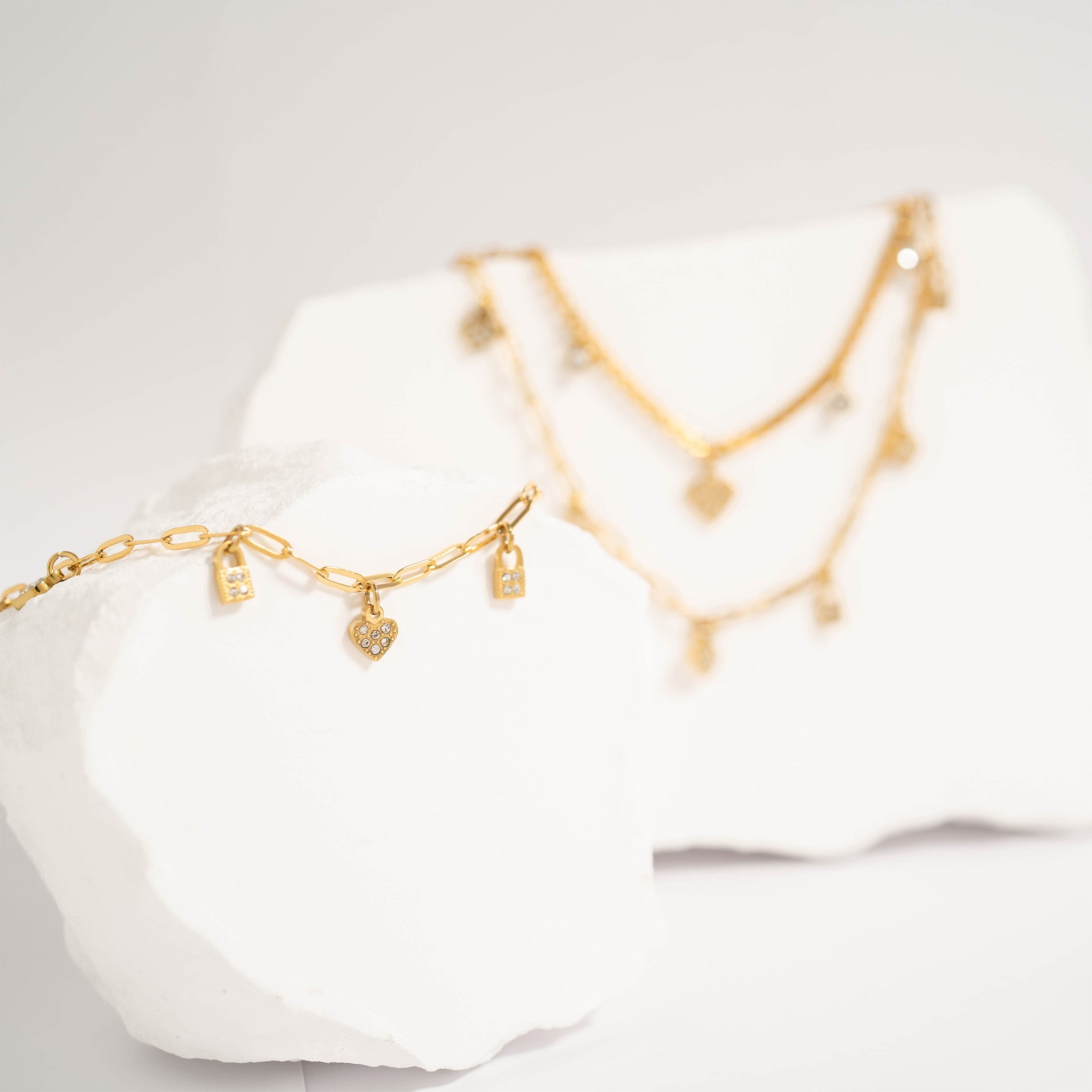 18K Gold PVD Stainless Steel Heart & Lock Charm Bracelet
