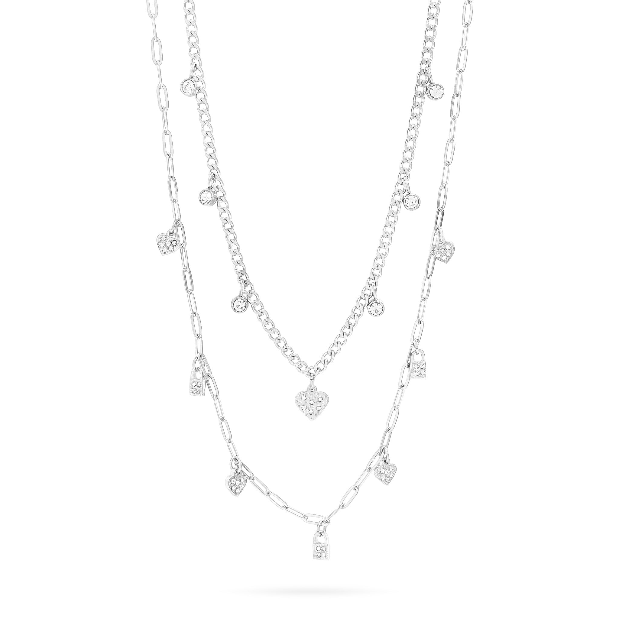 Stainless Steel 2 Row Heart & Lock Charm Necklace