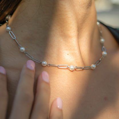 18K Gold PVD Stainless Steel Pearl Station Paperclip Chain Necklace