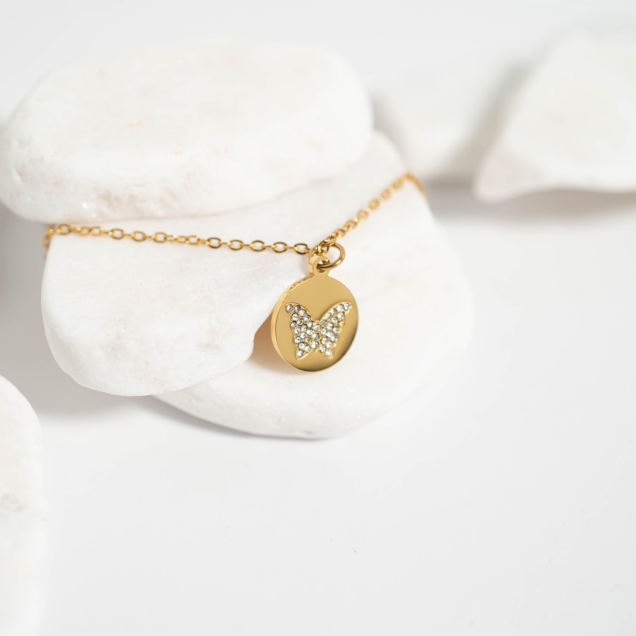 18K Gold PVD Stainless Steel Stone Butterfly Pendant Necklace