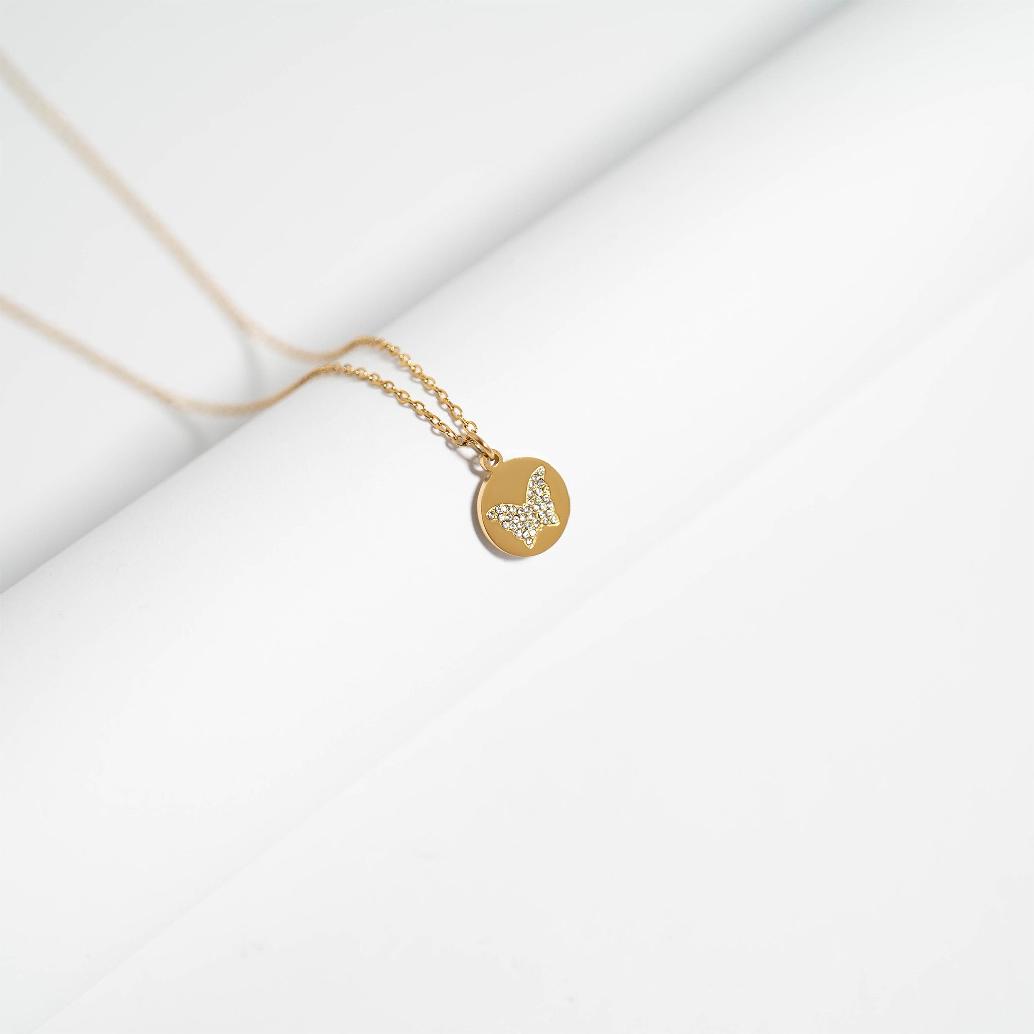 18K Gold PVD Stainless Steel Stone Butterfly Pendant Necklace