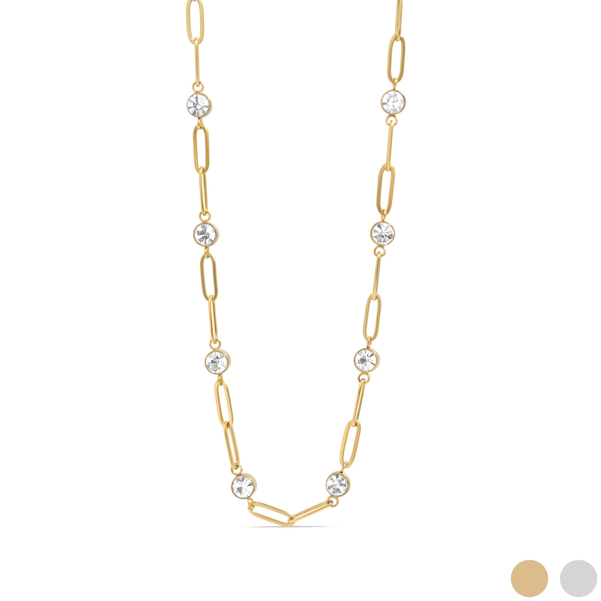18K Gold PVD Stainless Steel Crystal Stone Paperclip Chain Necklace