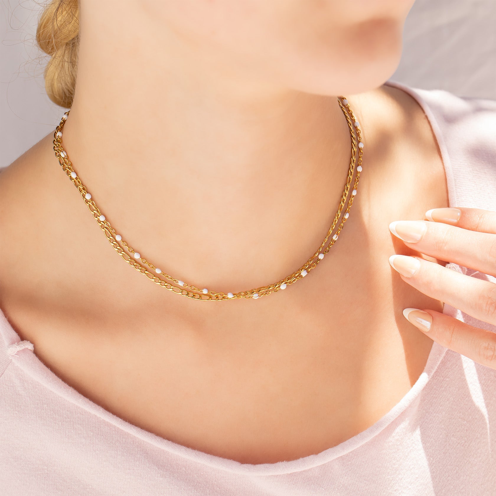 18K Gold PVD Stainless Steel Confetti White Chain Necklace