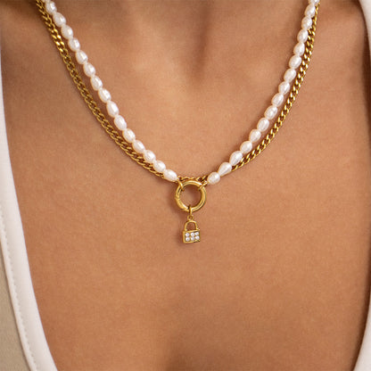 18K Gold PVD Stainless Steel Freshwater Pearl Charm Holder Necklace