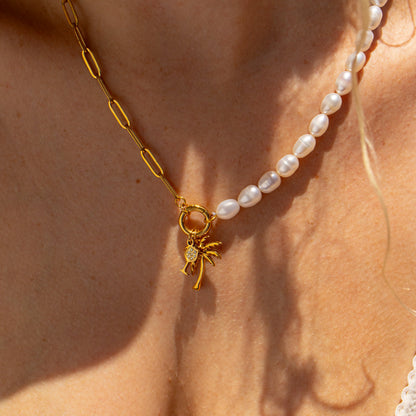 Stainless Steel Freshwater Pearl Paperclip Split Charm Holder Necklace