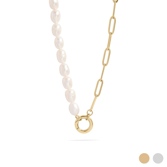 Stainless Steel Freshwater Pearl Paperclip Split Charm Holder Necklace