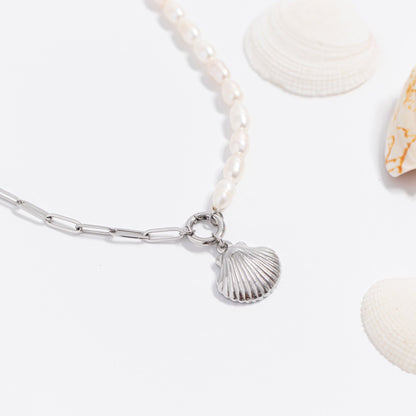 Stainless Steel Freshwater Pearl Paperclip Split Charm Holder Necklace