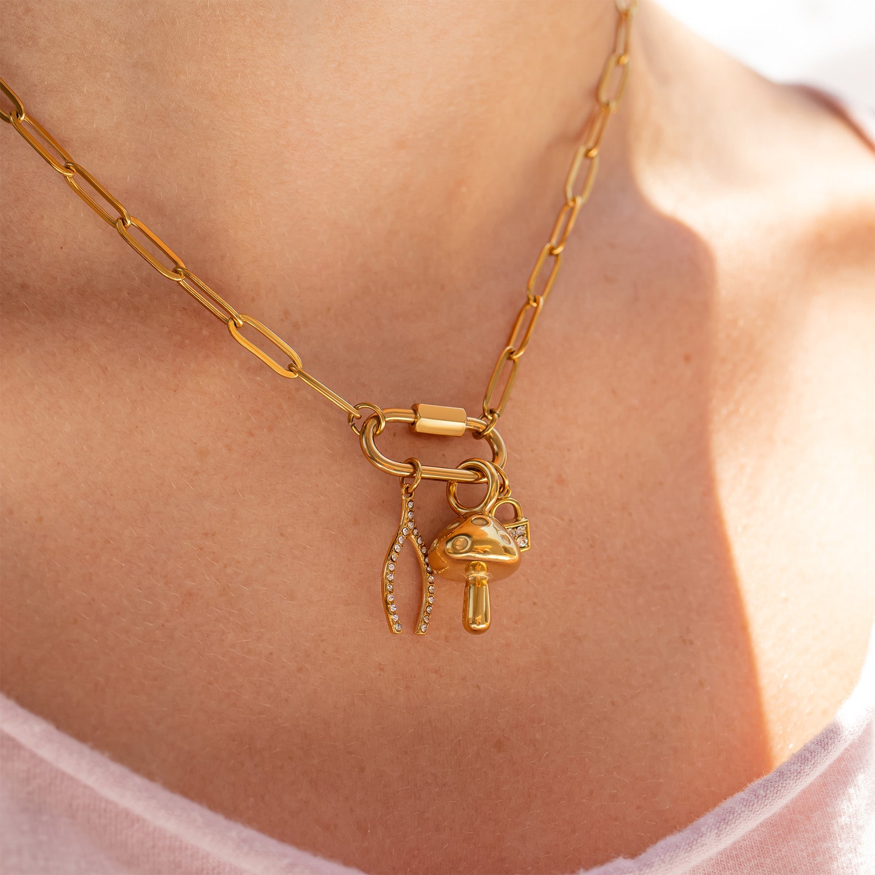 18K Gold PVD Stainless Steel Paperclip Carabiner Charm Holder Necklace