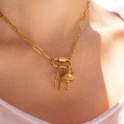 18K Gold PVD Stainless Steel Paperclip Carabiner Charm Holder Necklace