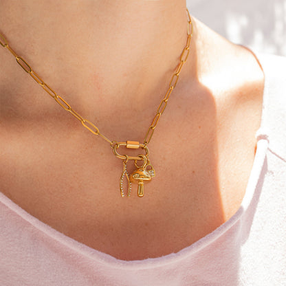 18K Gold PVD Stainless Steel Paperclip Carabiner Charm Holder Necklace