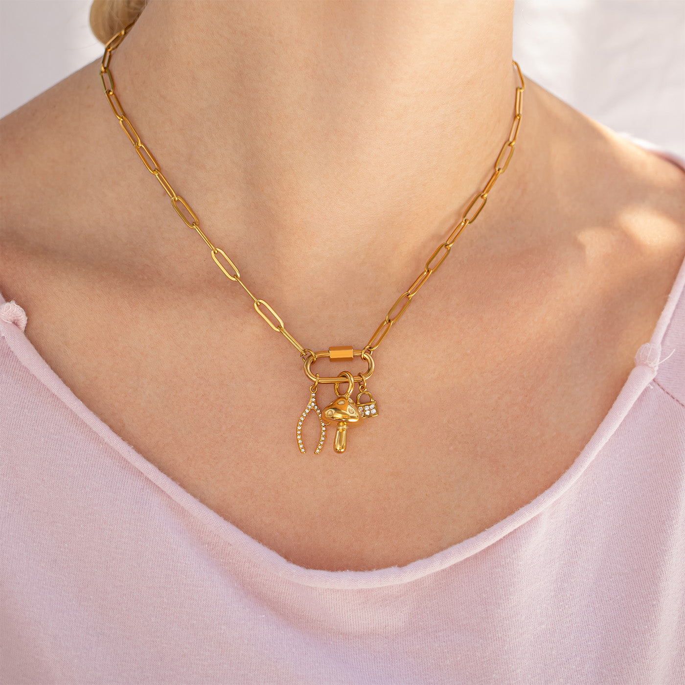 18K Gold PVD Stainless Steel Paperclip Carabiner Charm Holder Necklace
