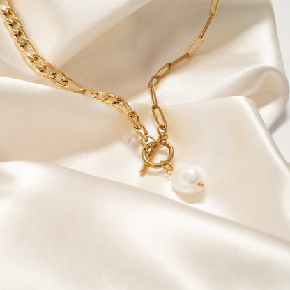 18K Gold PVD Stainless Carabiner Necklace Freshwater Pearl