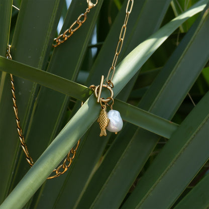 18K Gold PVD Stainless Carabiner Necklace Freshwater Pearl