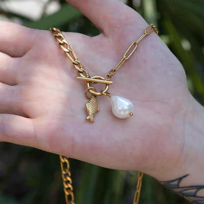 18K Gold PVD Stainless Carabiner Necklace Freshwater Pearl