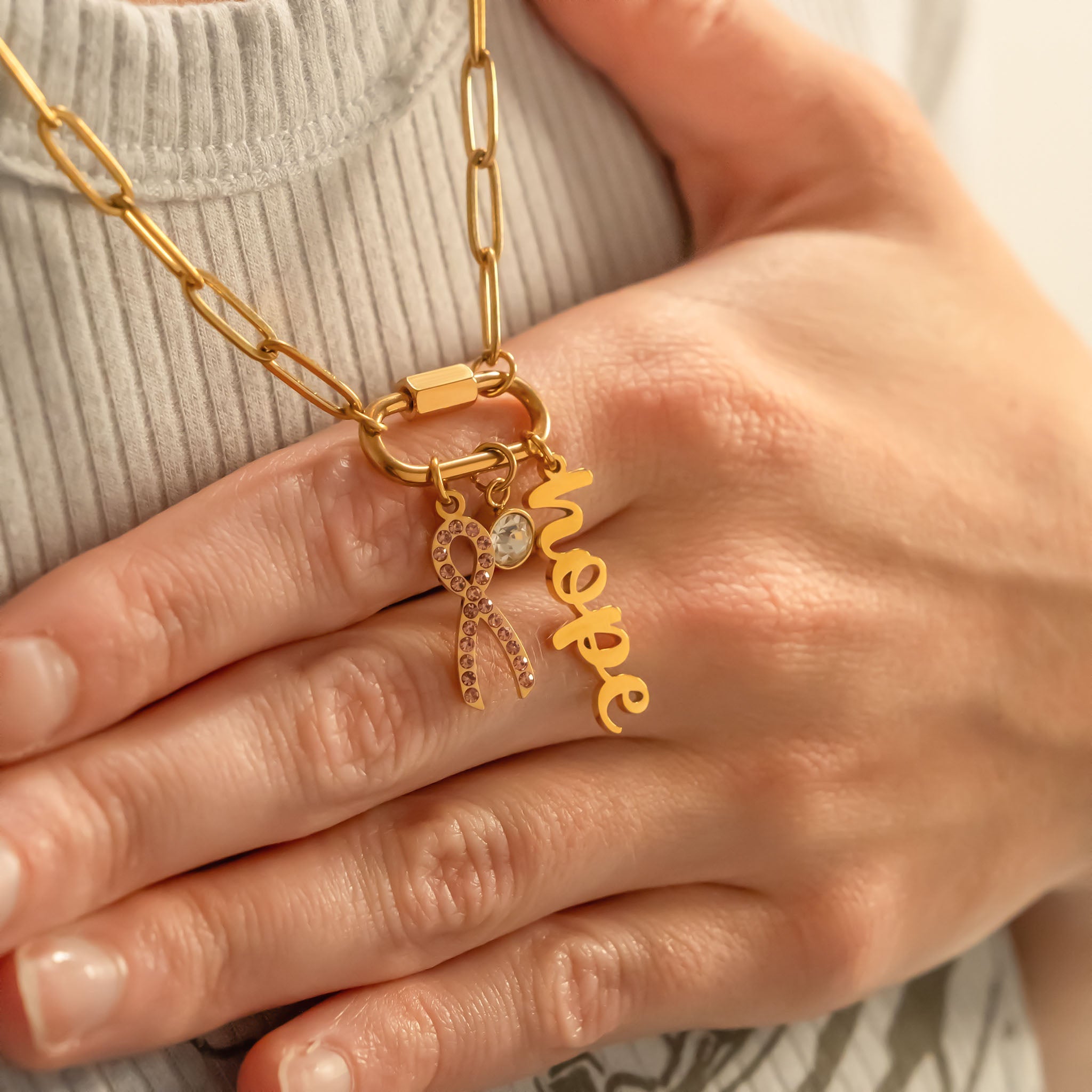 18K Gold PVD Stainless Steel Cancer Awareness Carabiner Necklace