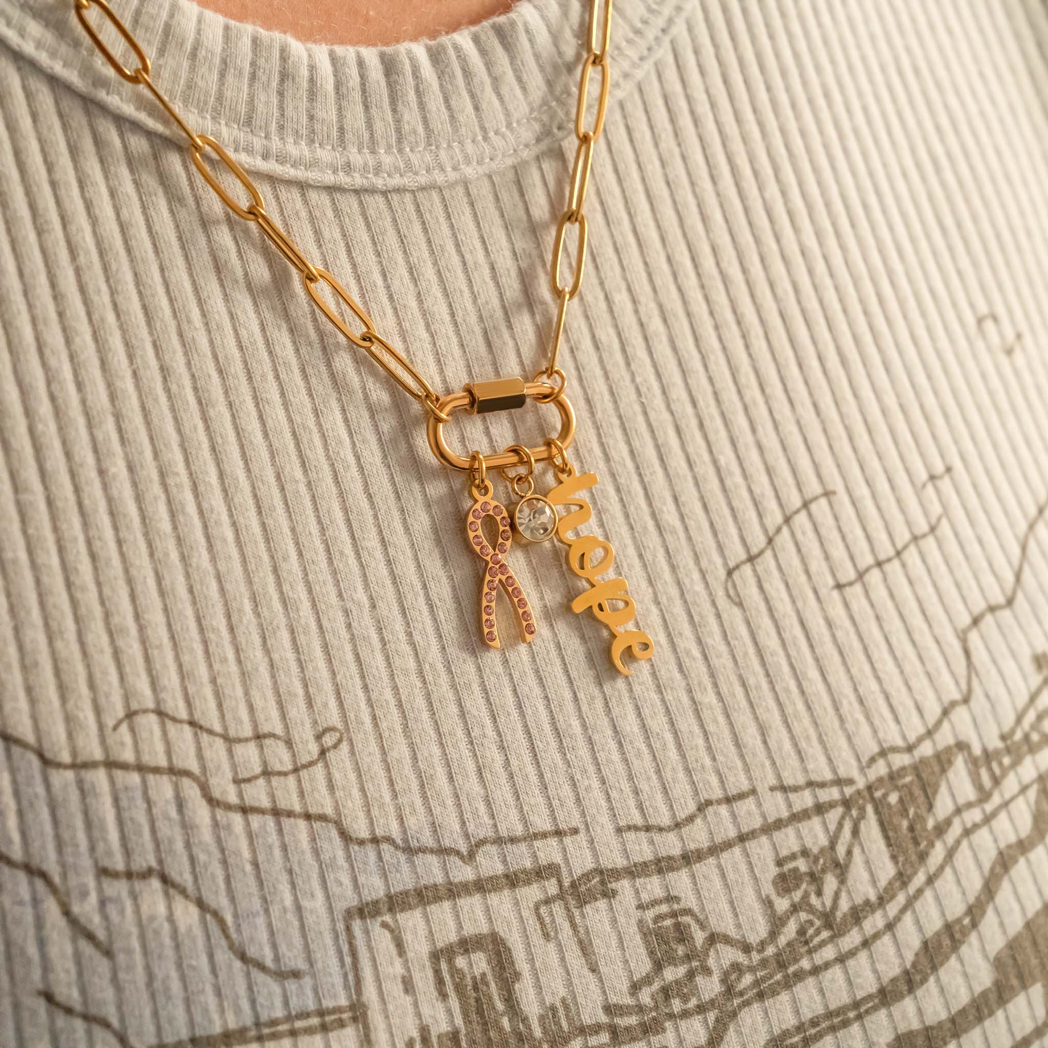 18K Gold PVD Stainless Steel Cancer Awareness Carabiner Necklace