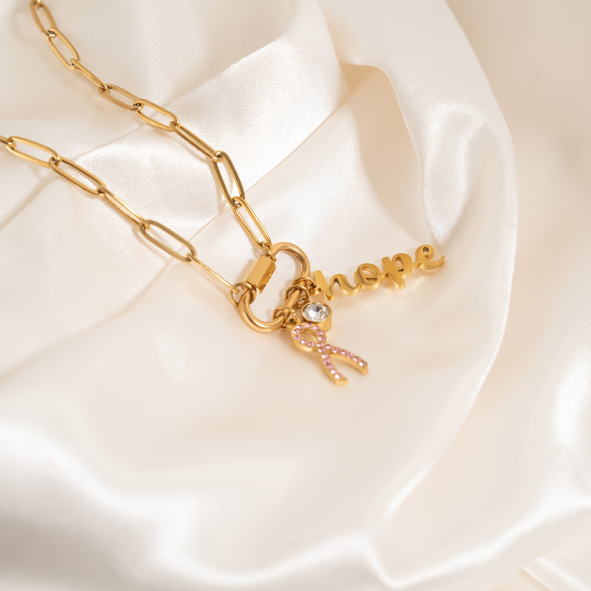 18K Gold PVD Stainless Steel Cancer Awareness Carabiner Necklace