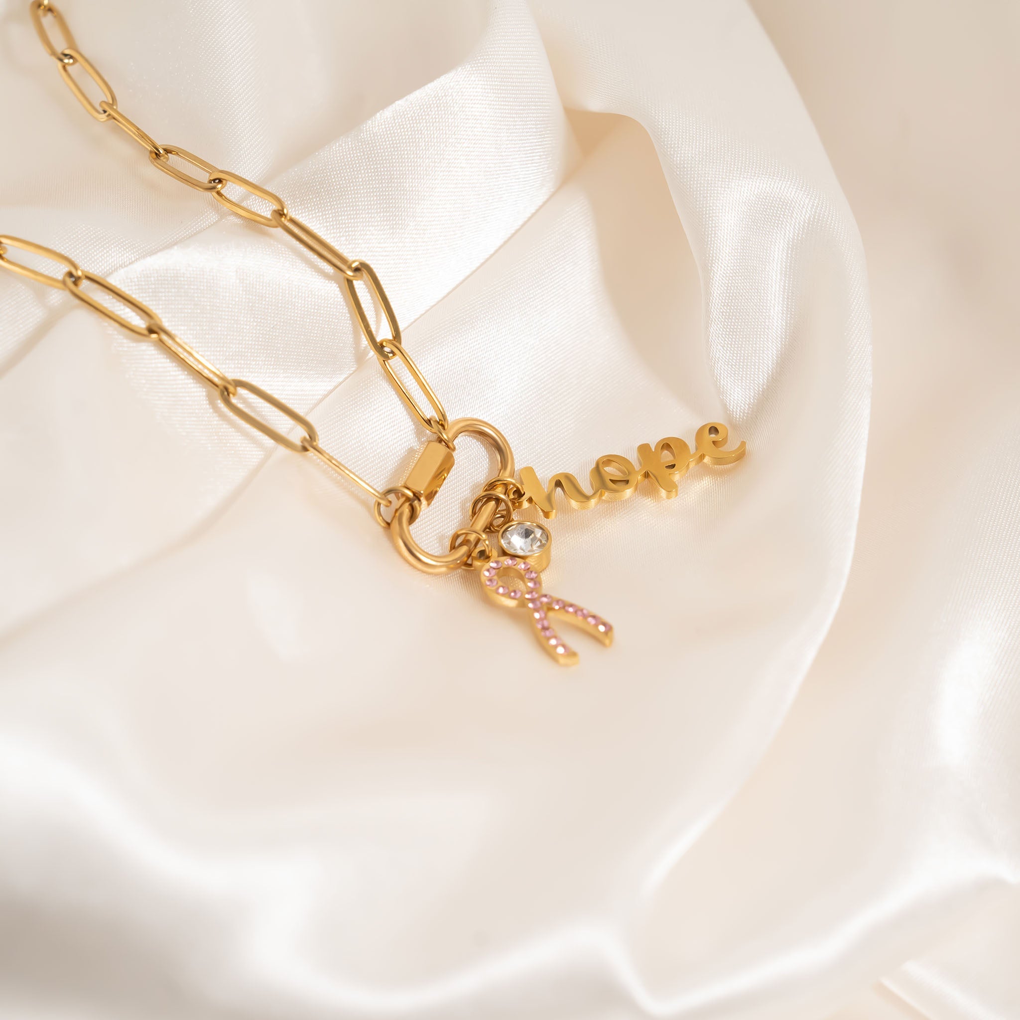 18K Gold PVD Stainless Steel Cancer Awareness Carabiner Necklace
