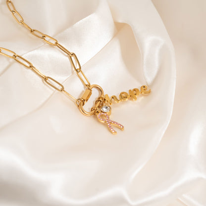 18K Gold PVD Stainless Steel Cancer Awareness Carabiner Necklace