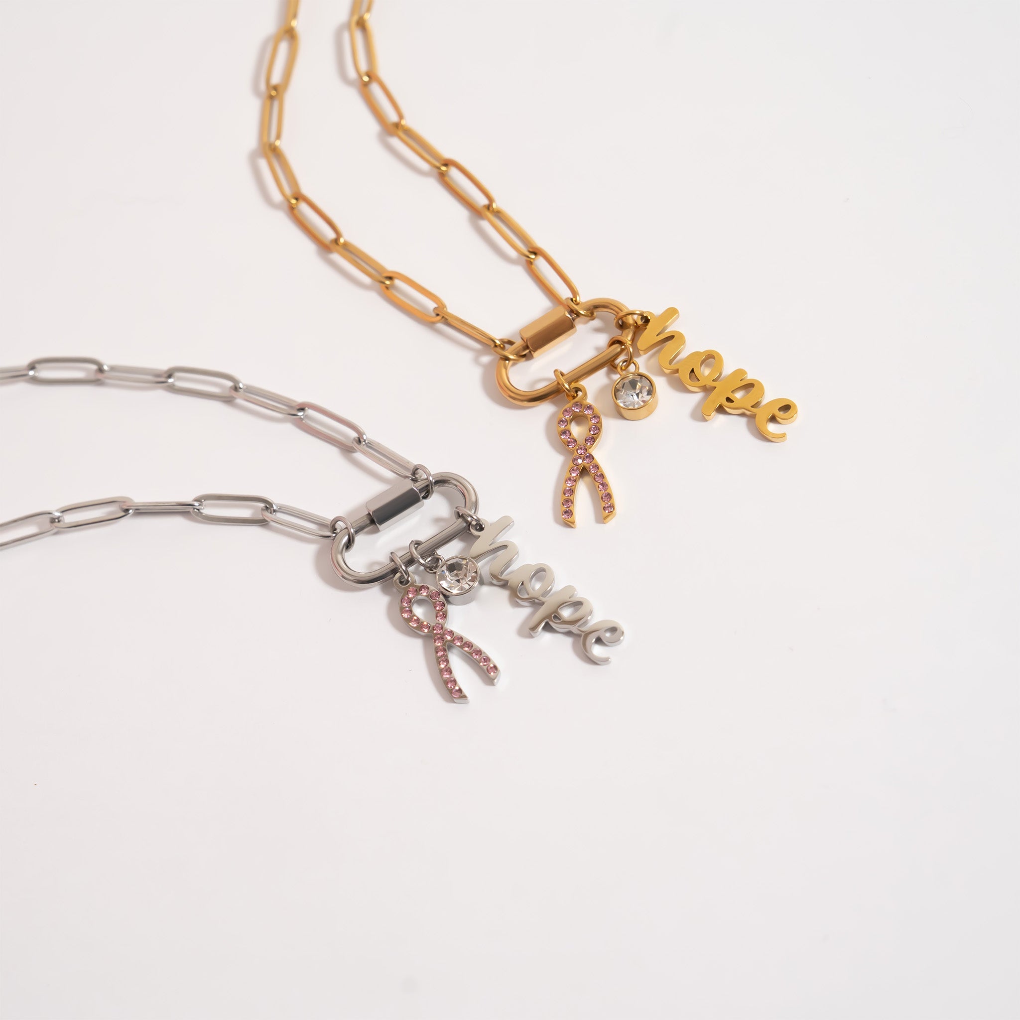 18K Gold PVD Stainless Steel Cancer Awareness Carabiner Necklace