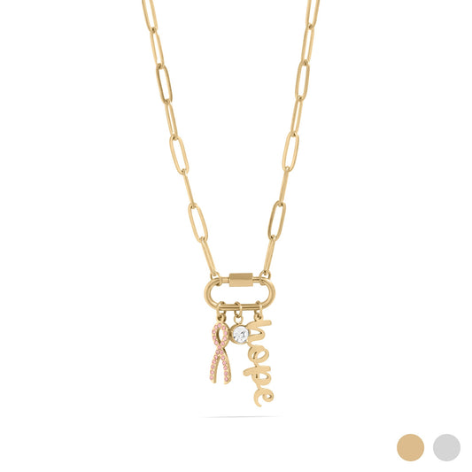 18K Gold PVD Stainless Steel Cancer Awareness Carabiner Necklace