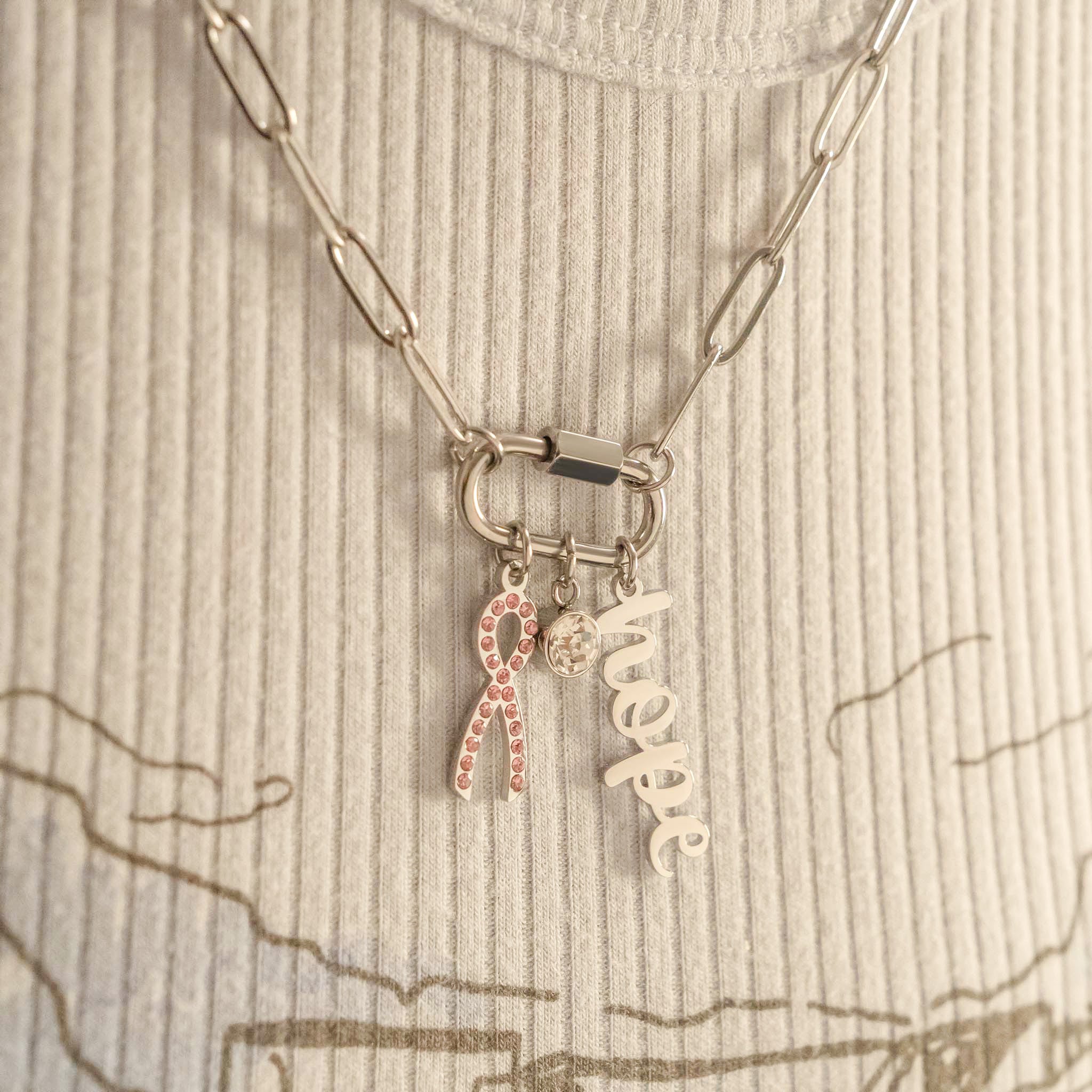 18K Gold PVD Stainless Steel Cancer Awareness Carabiner Necklace
