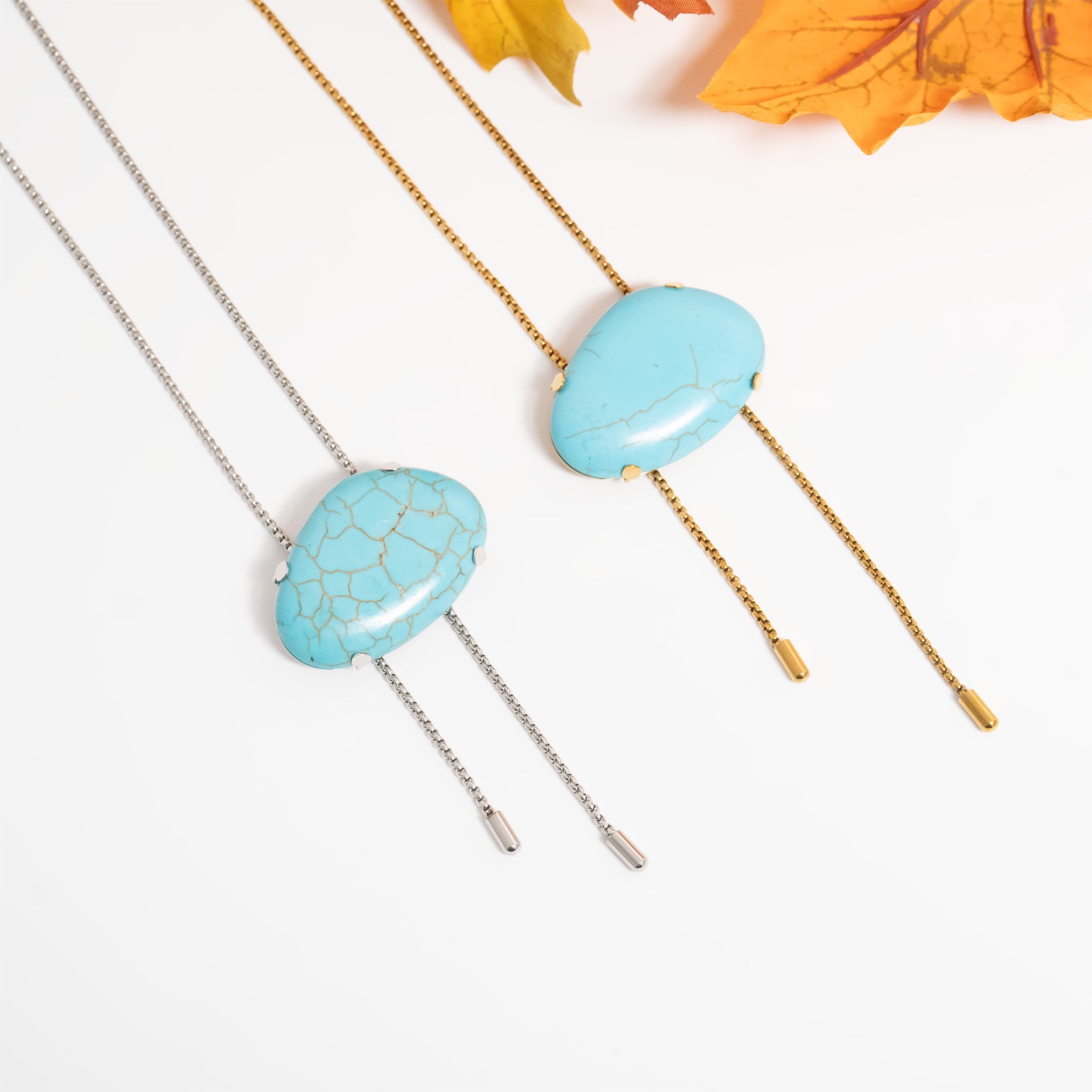 18K Gold PVD Stainless Steel Turquoise Charm Bolo Necklace