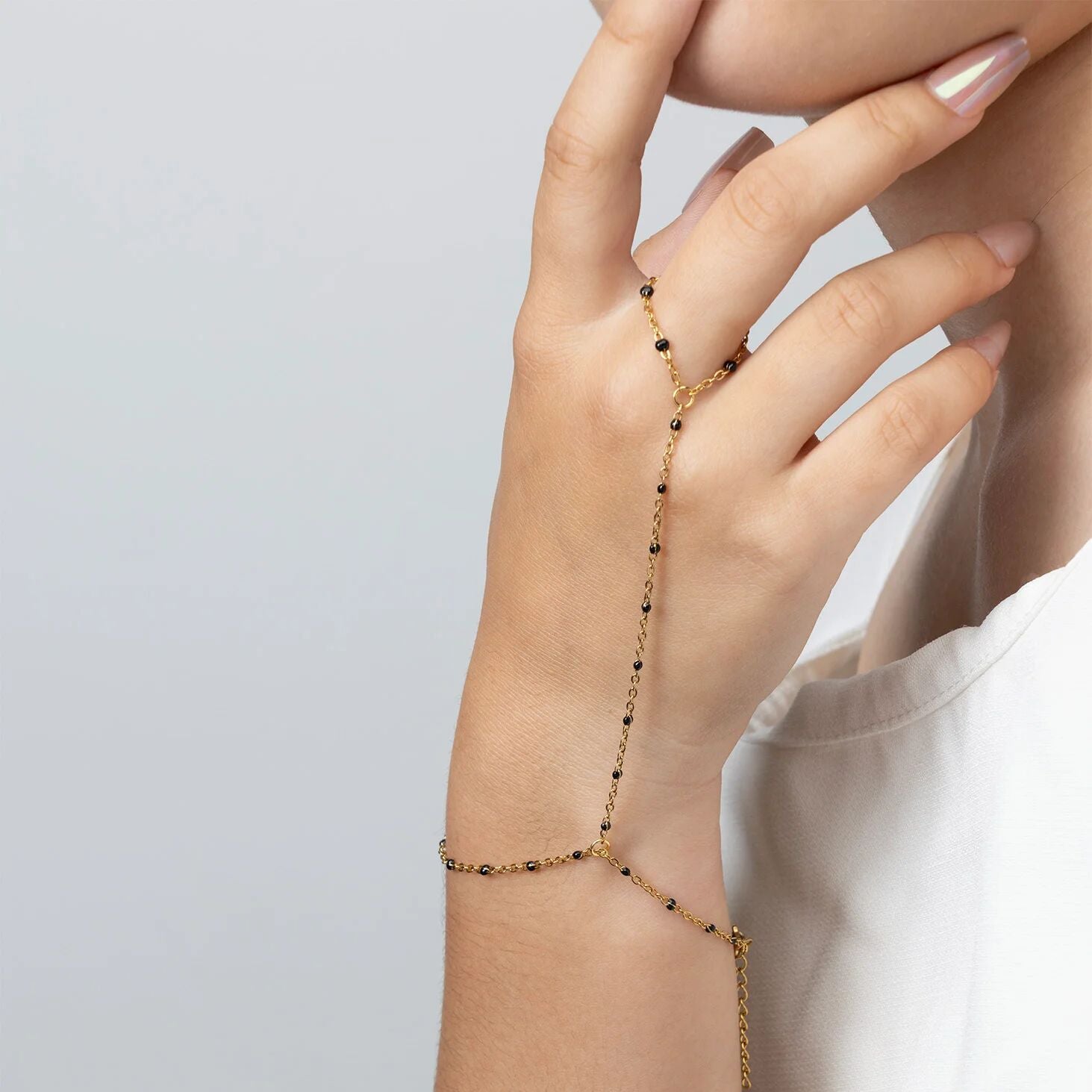 18K Gold PVD Stainless Steel Black Beaded Hand Chain