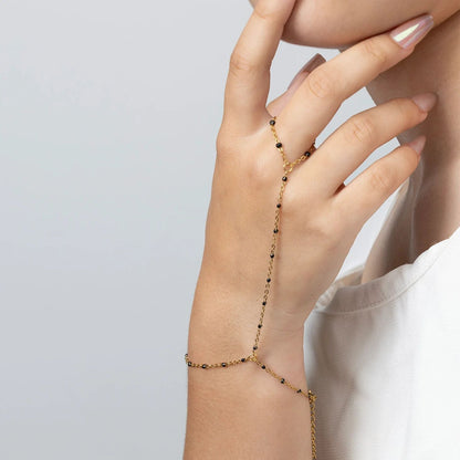18K Gold PVD Stainless Steel Black Beaded Hand Chain