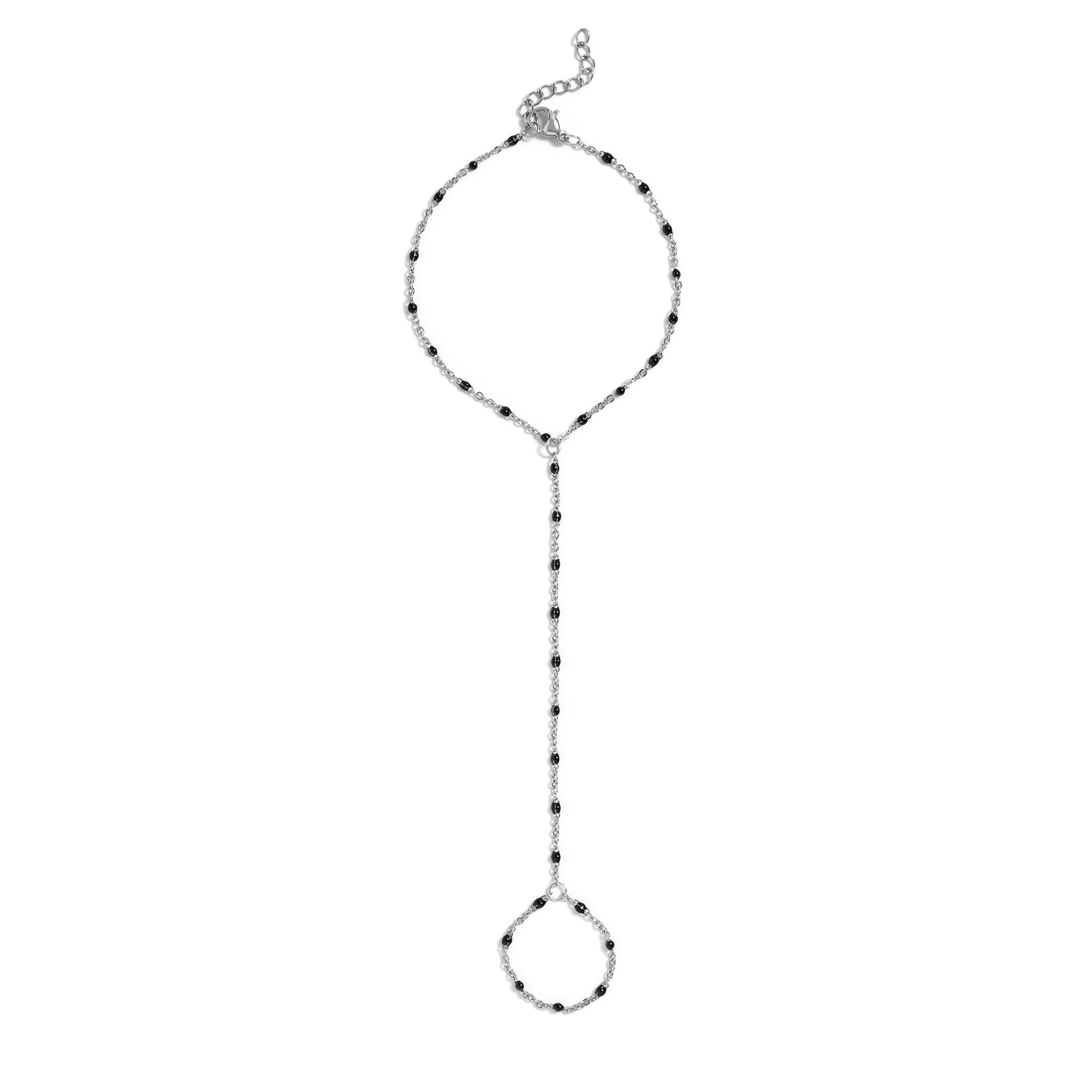 Silver - Black Beaded Hand Chain