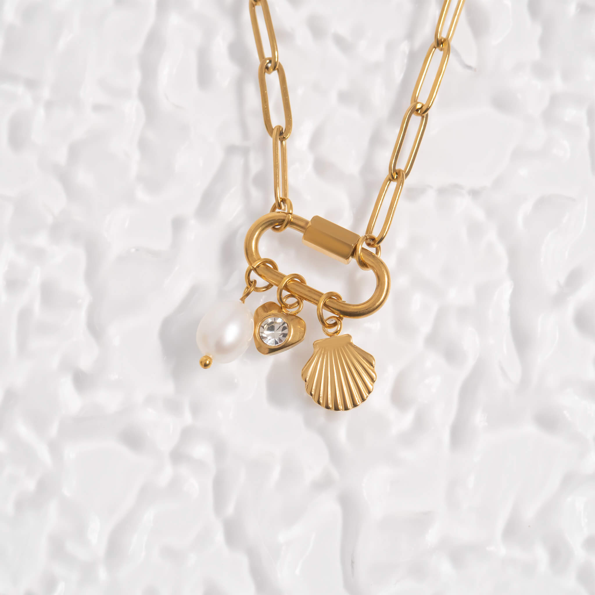 18K Gold PVD Stainless Steel Sea Shell Carabiner Necklace