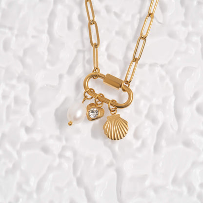 18K Gold PVD Stainless Steel Sea Shell Carabiner Necklace