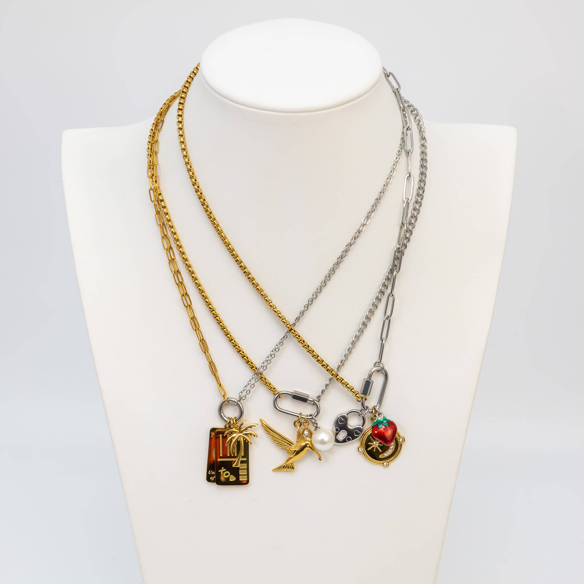 18K Gold PVD Stainless Steel Mixed Metal Carabiner Charm Holder Necklace