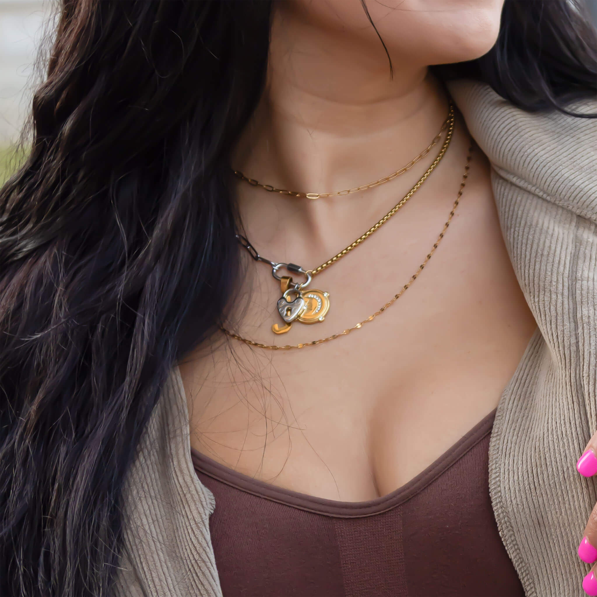 18K Gold PVD Stainless Steel Mixed Metal Paperclip Carabiner Necklace