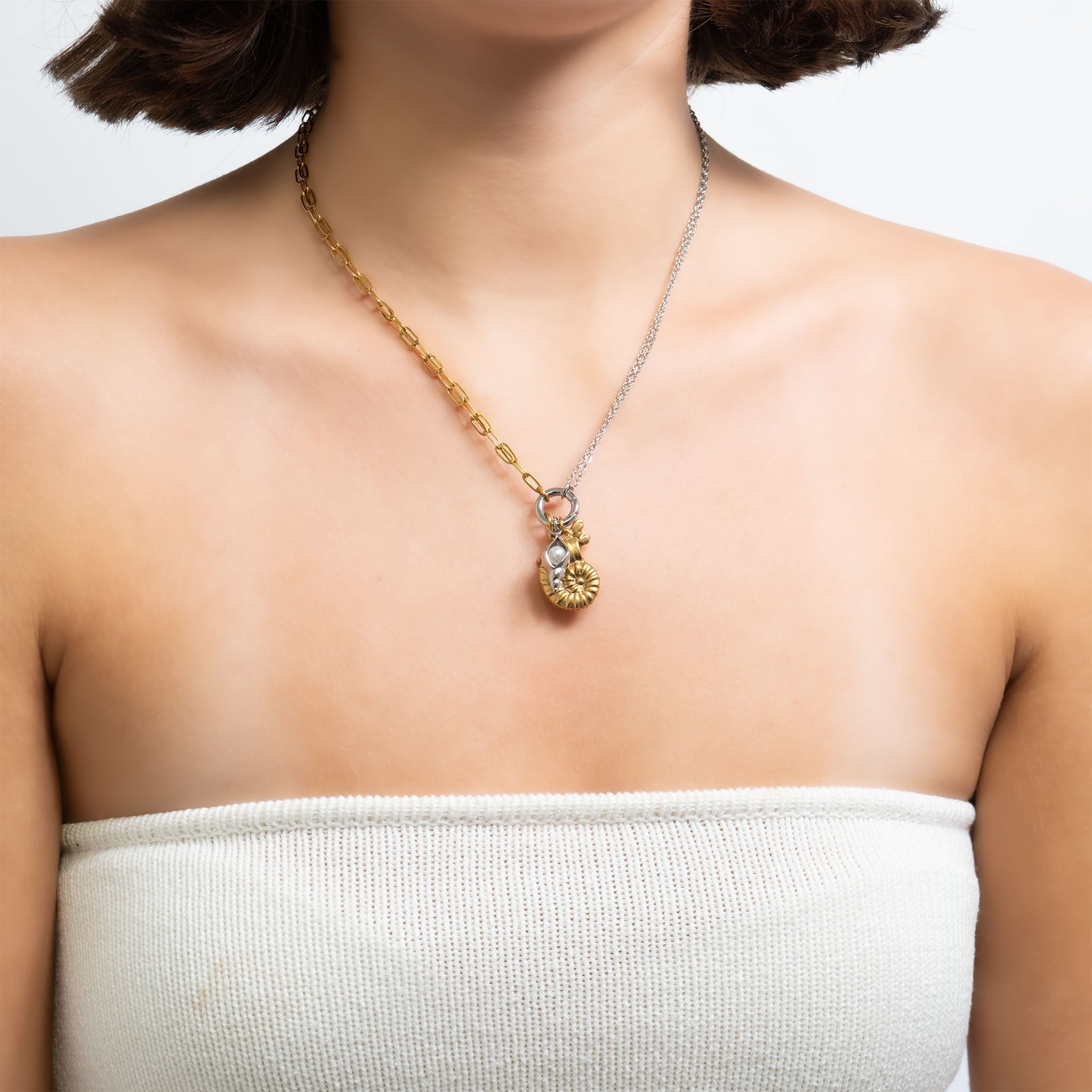 Mixed Metal Double Chain Charm Holder Necklace