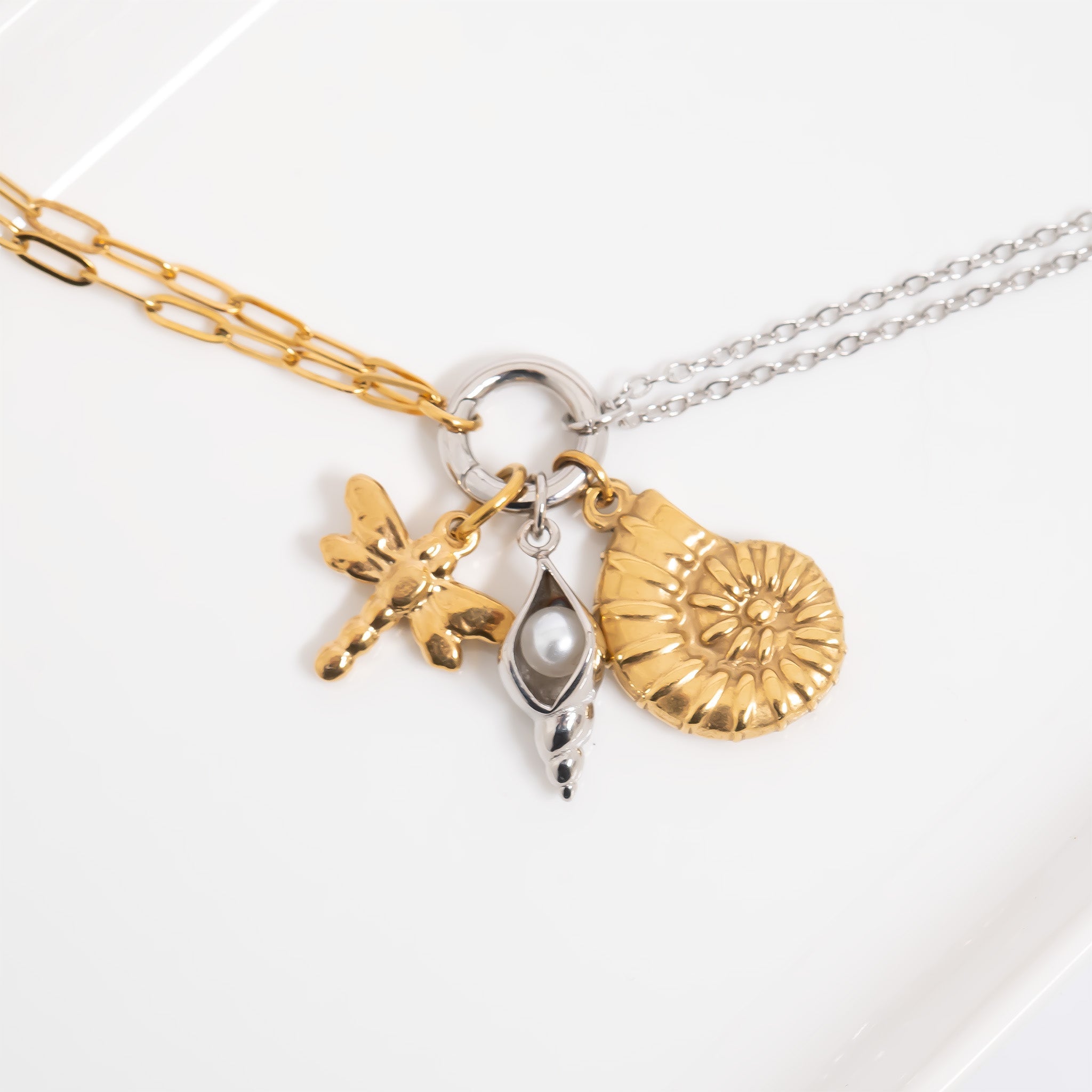 Mixed Metal Double Chain Charm Holder Necklace