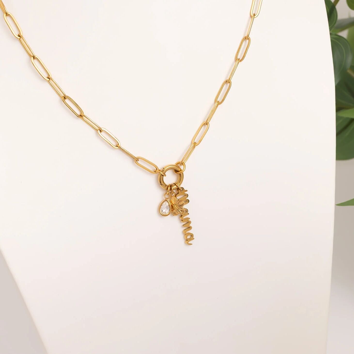 18K Gold PVD Stainless Steel Mama Charm Holder Necklace Gift Set